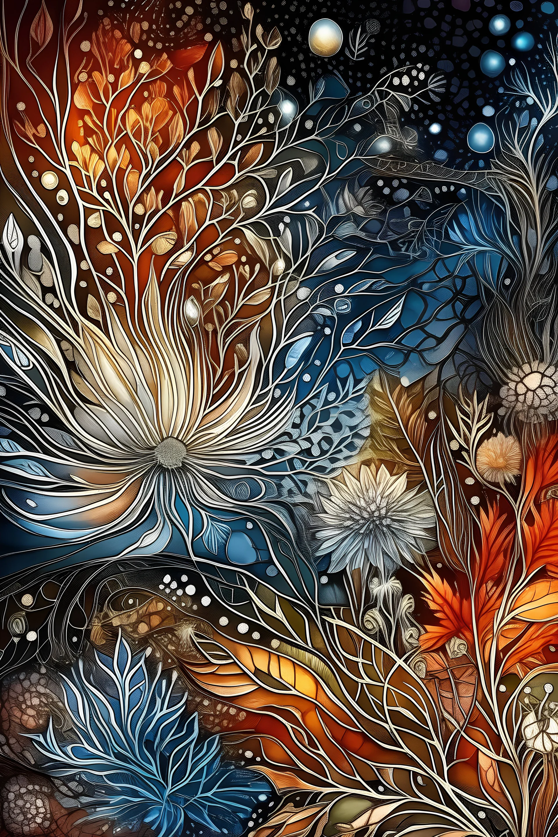 brown silver background,sparkles,drawing gel pens+markers;white glow;very colourful;lots of details, elements;hyperreal; hyperdetailed;botanic art;octane rendering;HDR+;digital art;fine contour;ink drawing;filigree;128k;maximum image quality