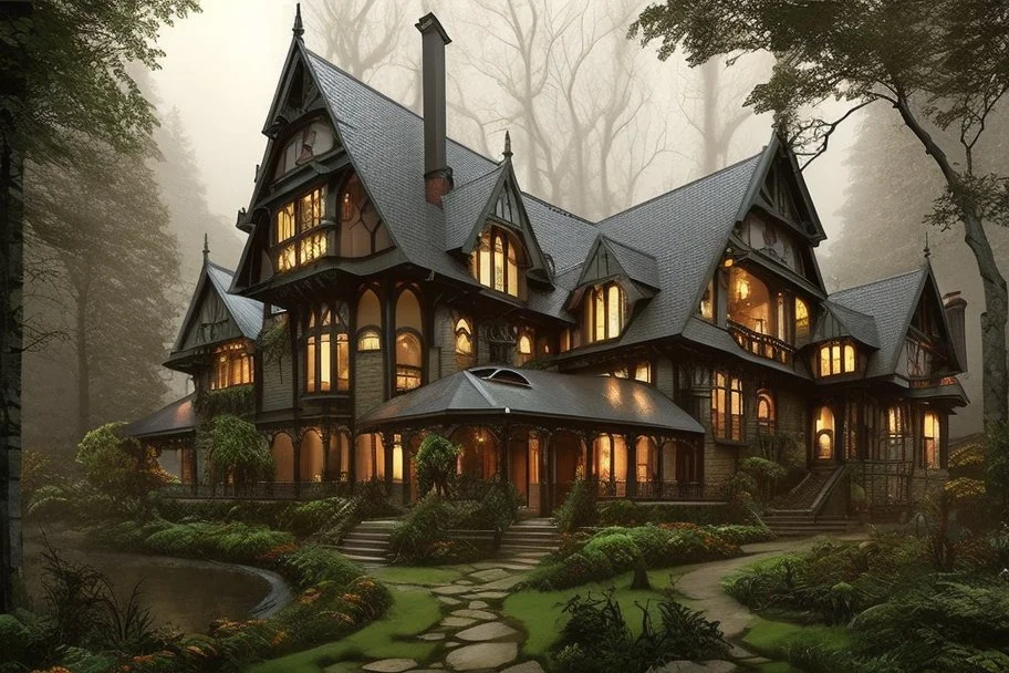 fantasy victorian house surrounded by forest