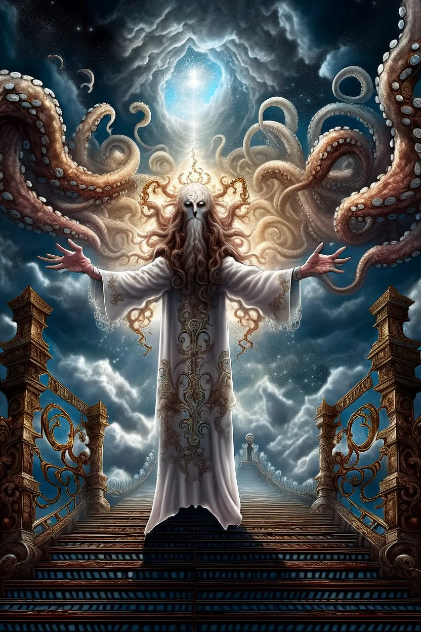 a cross with octopus arms up towards heaven, hair standing straight up, fluffy clouds, intense eyes,looking upwards, white pupils, close facial portrait of the streetwise magician posing in elaborate cape, angels and demons, fireflies , staircase with closed gates of heaven, 4 k, down light, depth of field, trending on art station, high detail, cracked ground