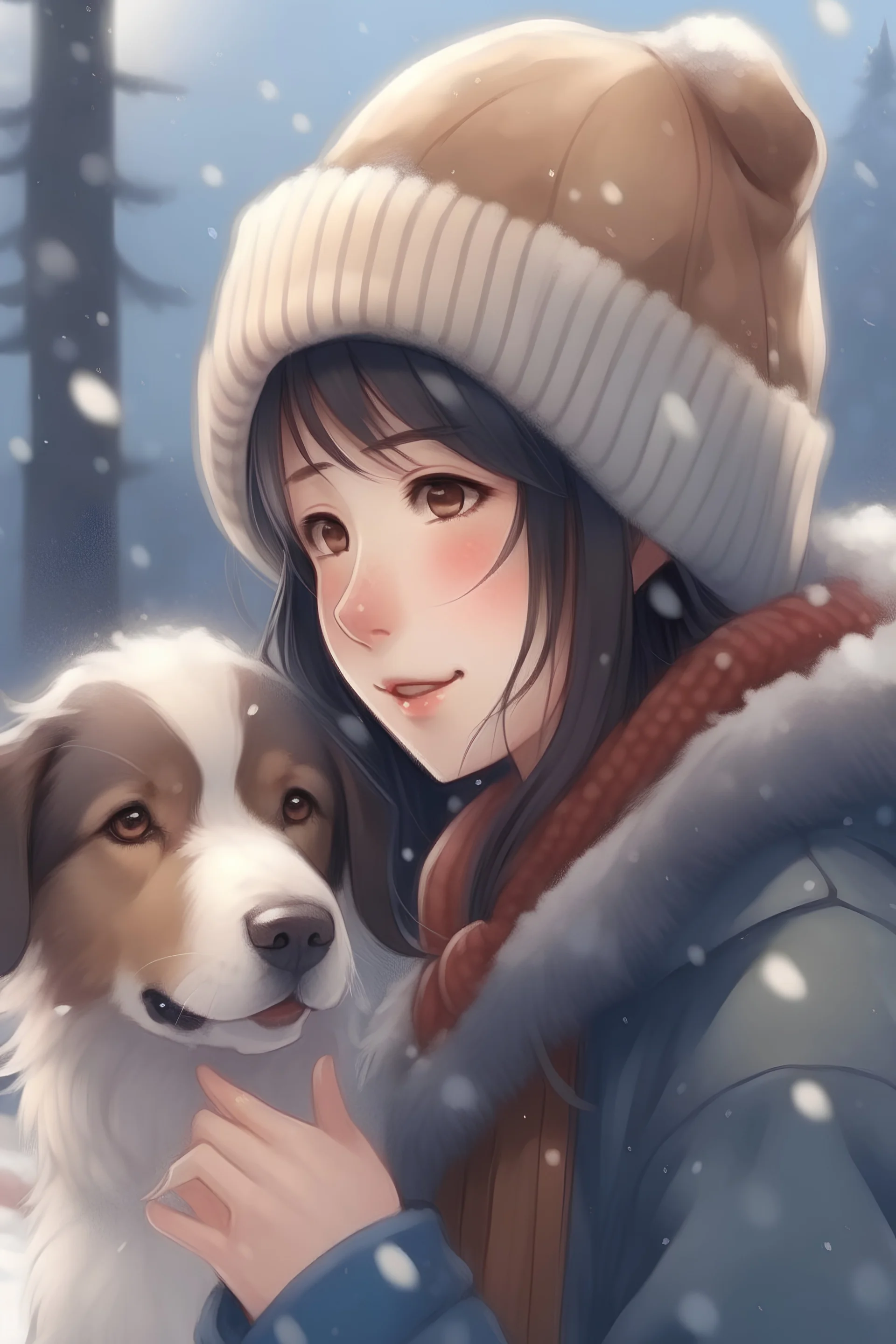 a pretty japanese woman, in winter clothes and hat, snow falling, a dog licks her face, cute, happy, digital art, 4k