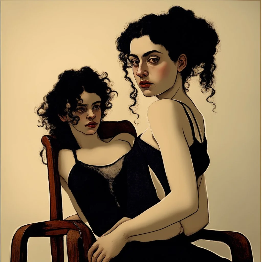 Breathtaking arab 30 years old woman with pale skin she is sitting on an old chair and has a tiny tanktop from the waist up, she has long black curly hair, petite figure, wide hips, prominent nose, thick lips, she has just been slapped around, by Egon Schiele, gustave dore, david mann, retro vintage style, hd photography, hyperrealism, graphite pencil drawing, realistic, natural, b&w illustration, fine art, beautiful watercolor painting, realistic, detailed, by olga shvartsur, svetlana novikova