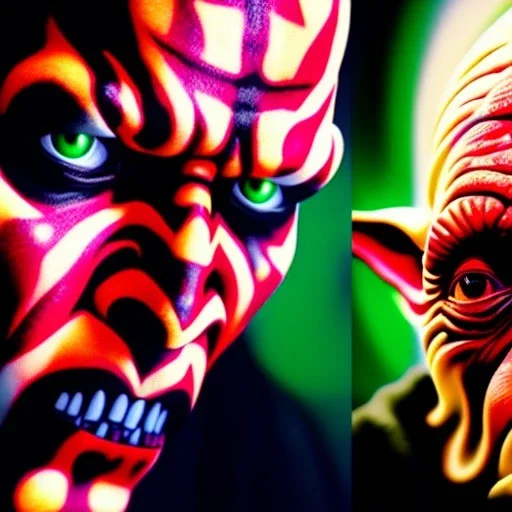 Ultra detailed fullbody Portrait in oil on canvas of Darth Maul merges Yoda ,intense stare,extremely detailed digital painting, extremely detailed face,crystal clear Big eyes, mystical colors ,perfectly centered image, perfect composition, rim light, beautiful lighting,masterpiece,8k, stunning scene, raytracing, anatomically correct, in the style of robert e howard and Ken Kelley and Ohrai Noriyoshi and Simon Bisley and tomzj1