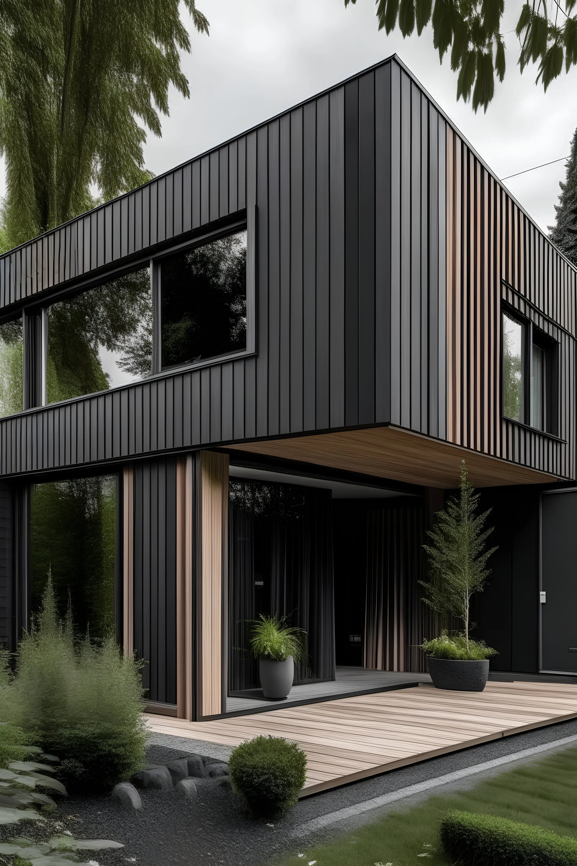 Fachada de una casa mínimalista de color gris oscuro con detalles de madera