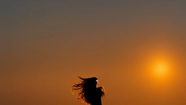 Silhouette of the head of a young lady with long flowing hair in a slight breeze. At sunset in Czech nature.