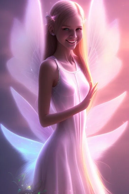 smiling girl, cute, beautiful, long hair, fairy wings, light pastel colors, bright, transparent dress, smile