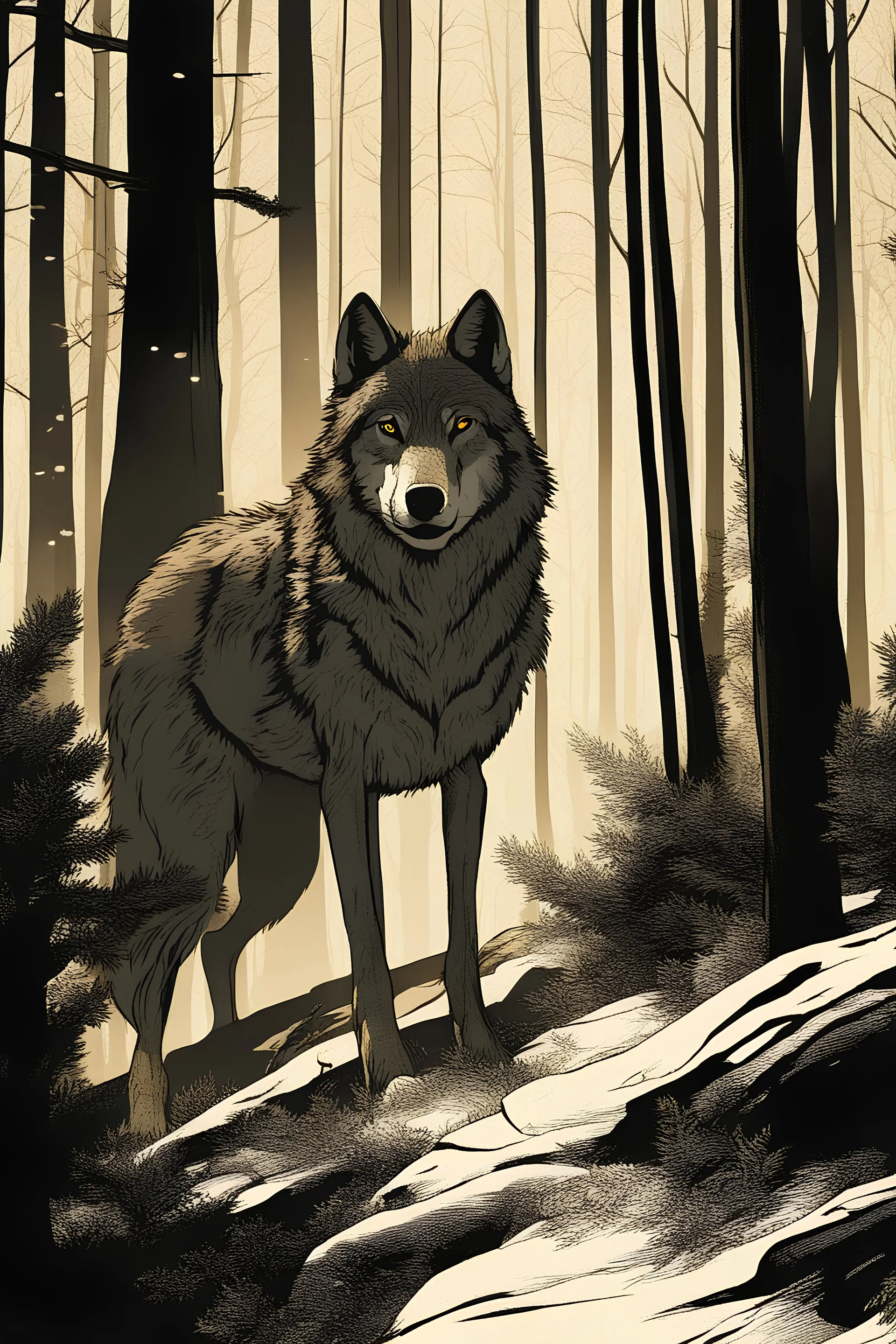 Wolf lurking through a forest. dynamic light, illustration