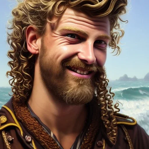 Portrait of Yung Gravy as a ruggedly handsome but joyful roguish pirate, charismatic, attractive male, masculine, perfect, precisely detailed face, meticulously detailed multi-hued curly hair; fantasy, intricate, elegant, highly detailed, digital painting, artstation, concept art, matte, sharp focus, illustration, art by artgerm and greg rutkowski and alphonse mucha