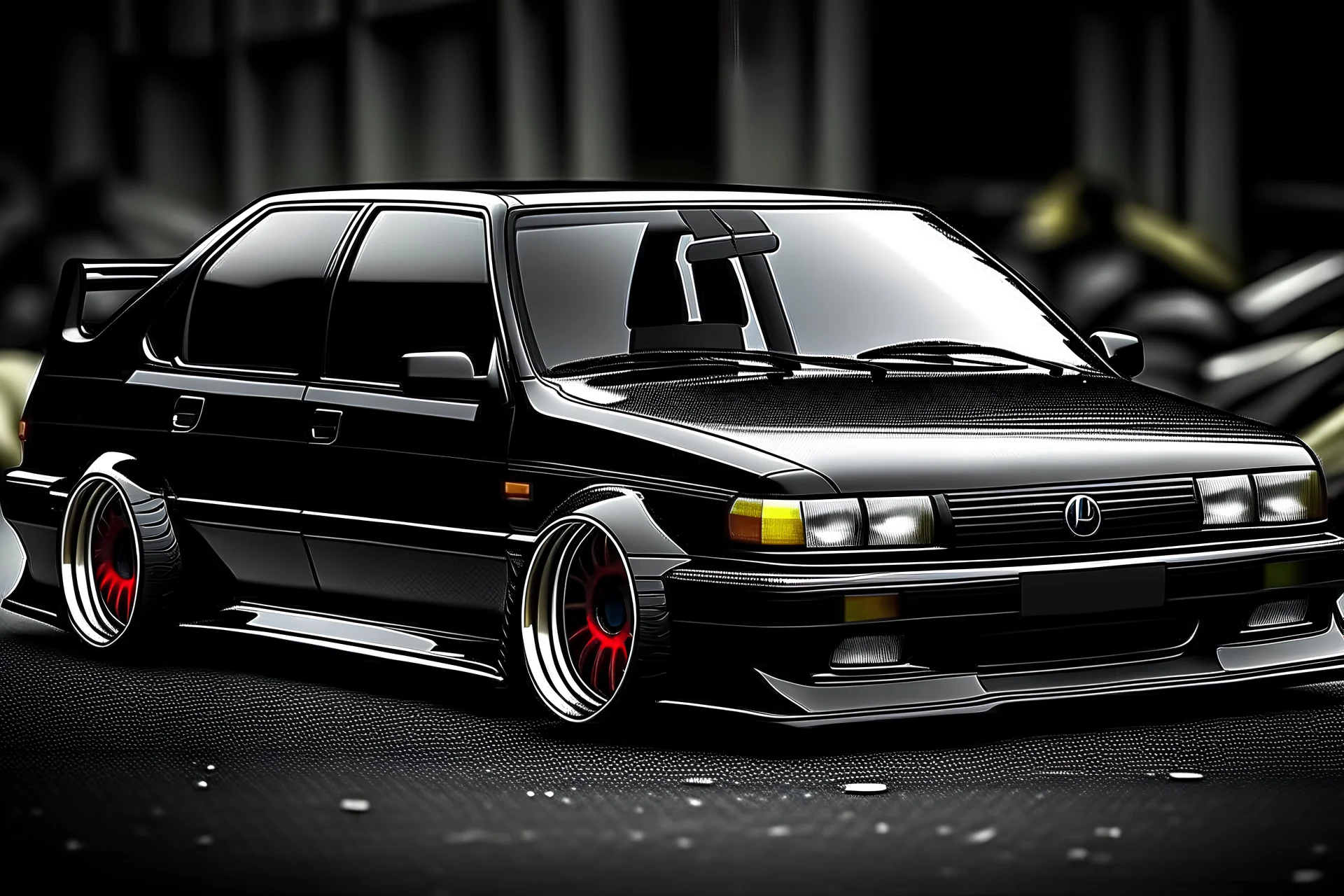 genarate me a image that is modified nissan b211 car with outsided wheels and lights like digital circle with mat black color,wheels should be 20 inch size