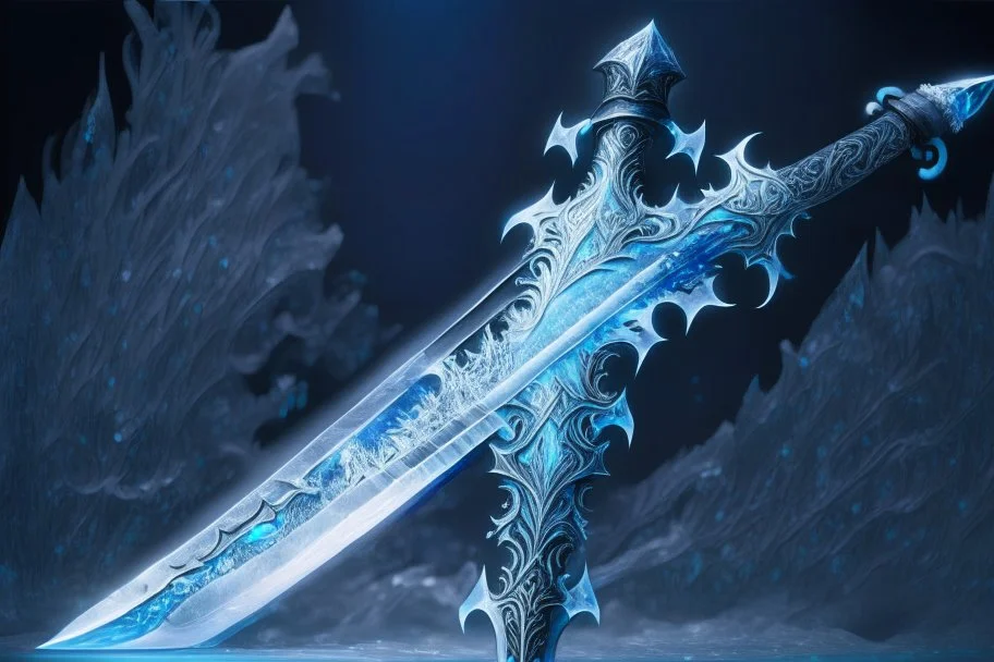 A fantasy sword that is a slender, translucent blade made of ice, shimmering with an ethereal blue glow. Its hilt is crafted from swirling vines, leading to a vibrant crystal at the pommel. With a black background behind it.