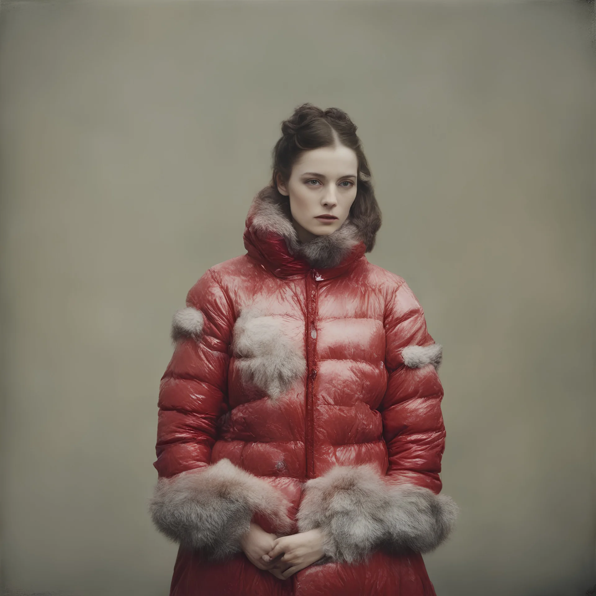 Comtesse di Castiglione,, red, autochrome, plastic puffy jacket