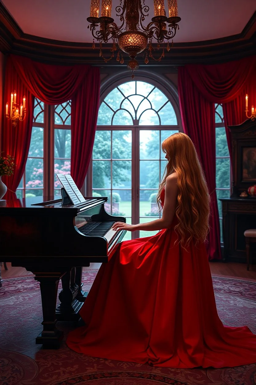 A hyper-realistic , an mysterious woman in all red dress, with very long blonde hair , playing piano in the living room of a huge mansion near a window showing a beautiful garden outside, vibrant colors,, 64K, hyperrealistic, vivid colors, (glow effects:1.2) , 4K ultra detail, , real photo