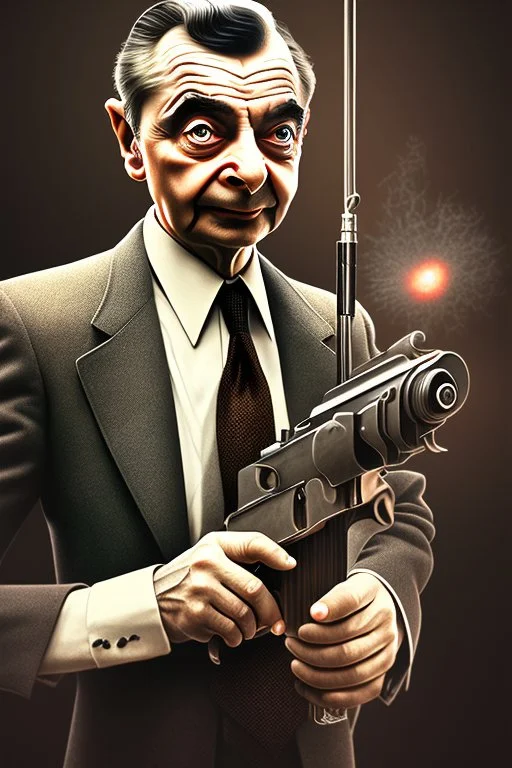 mr bean as the mafia godfather, holding tommygun, 4k, trending art, weird perspective, realism, spray paint, detailed