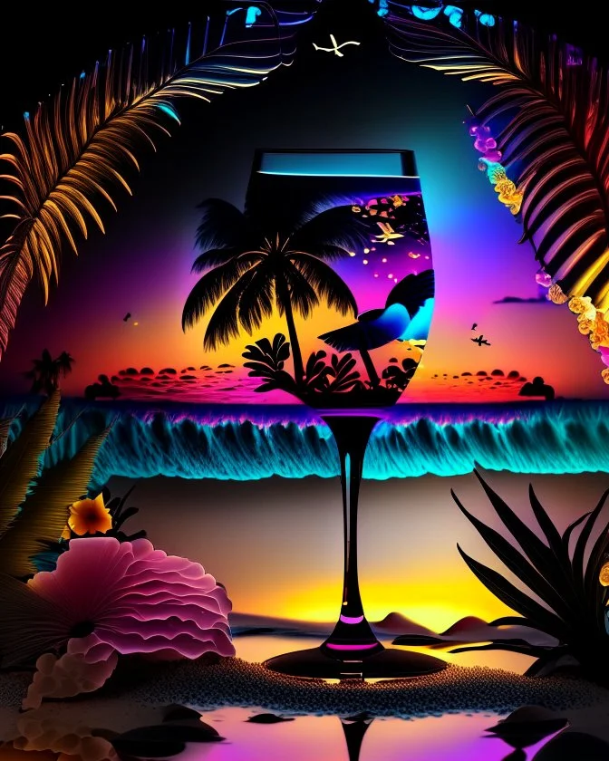 Stunning conceptual beach scene illustration in cocktail glass silhouette. Beach with vibrant colors, sunset sky and coast with palm trees. Cinematic black background, the glass looks like a window to a tropical paradise.12k 3D HD hyper-realistic Image quality CodeFormer AI 12K, cute flower fairy with bright wings like morning dew, flutters from flower to flower. Hair in curls,adorned with petals and pollen, mysterious phoenix woman,her silhouette made with interconnected and integrated elements