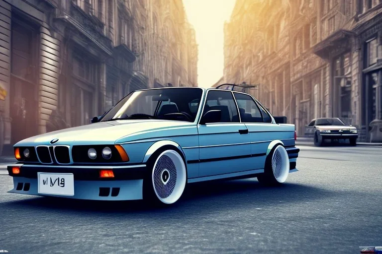 a 1990 bmw 2-door 4k ,ultra realistic,concept, 4k ,on street, parked in crowded city