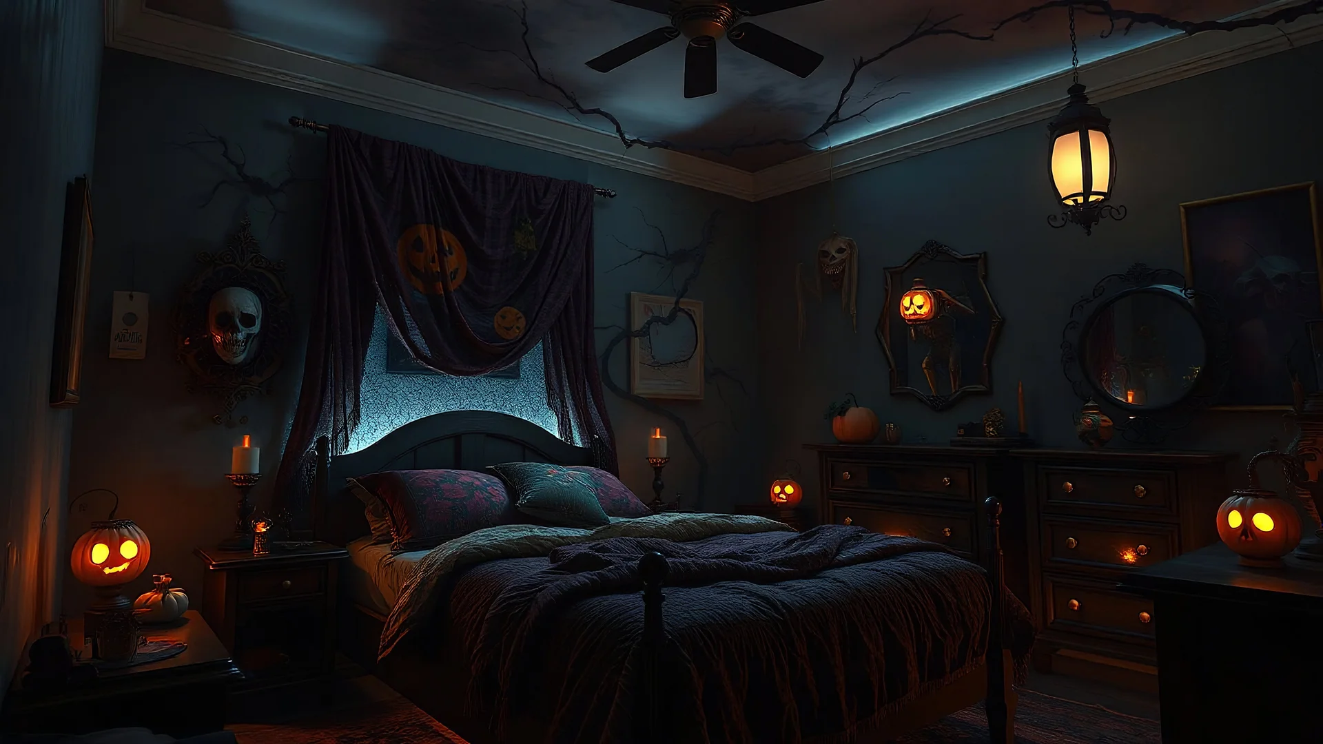 the bedroom wall in a Halloween bedroom at night, 8k, high quality, trending art, trending on artstation, sharp focus, studio photo, intricate details, highly detailed, by greg rutkowski