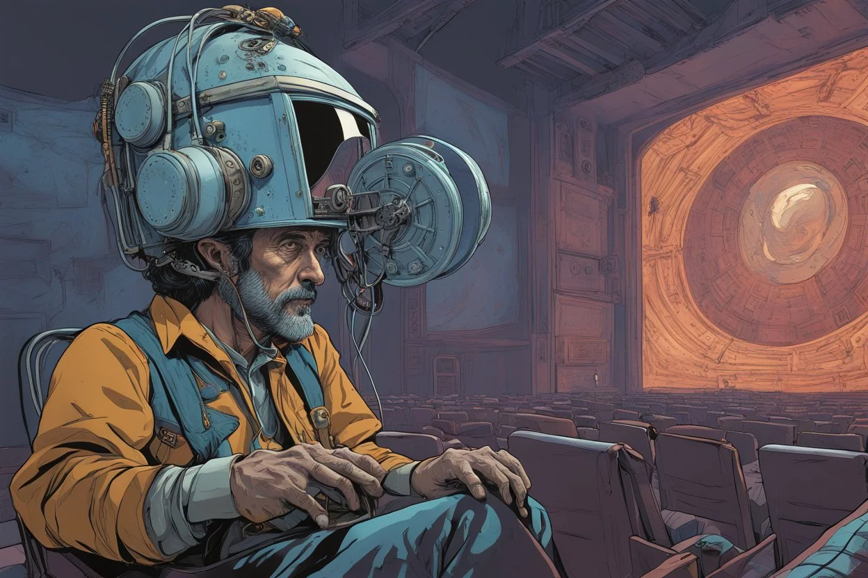 Man sitting in movie theater wearing strange headwear of metal miners helmet with a movie reel attached to side which projects a hologram of a woman from the miner light, surreal, by Tim Burton, by Moebius, by George Grie, concept art, hyperreal, cool complementary colors, unreal engine 5.