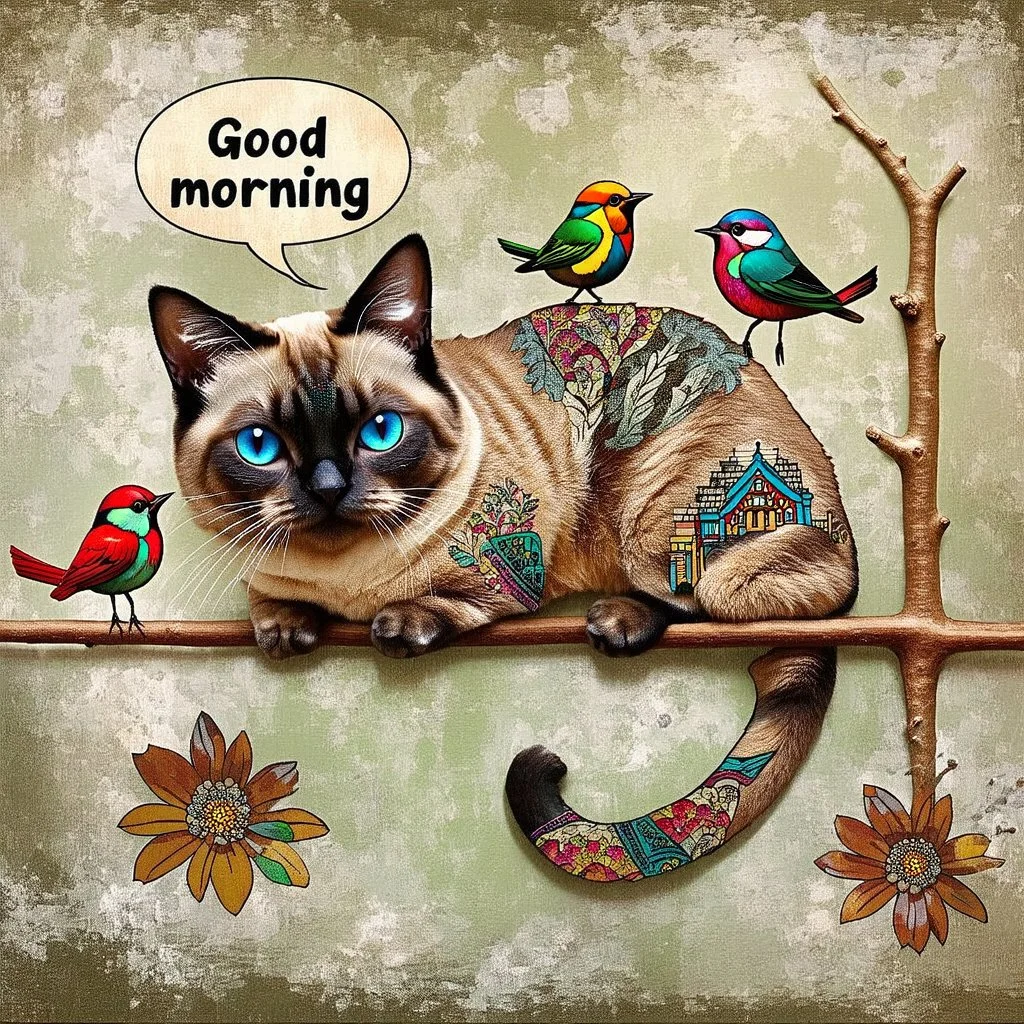 Siamese cat with blue eyes, adorned with intricate patterns and stylized buildings paints, hangs precariously from a floral-patterned board, against a mottled gray-green background. It looks directly at the viewer while a speech bubble above its head states "Good Morning". Three stylized birds in various colors and patterns stand on the branch and board above and below the cat, whimsical, expressionist painting, diswashed, Aging effects, Ogata Kōrin style.