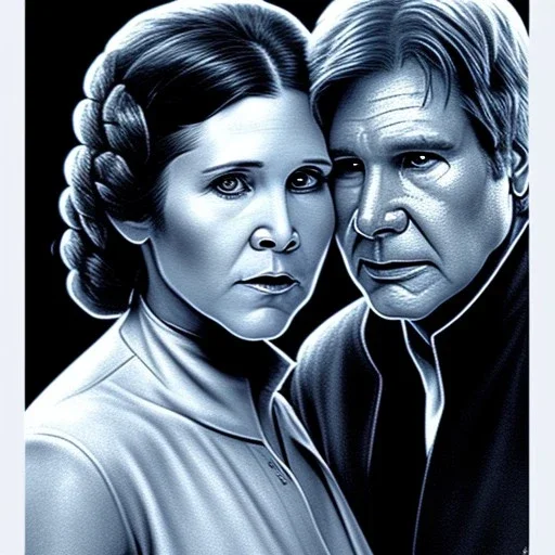 old carrie fisher embracing harrison ford in star wars, waist up portrait, photorealistic faces, intricate, color pencil masterpiece, expert, insanely detailed, 4k resolution, cinematic smooth, intricate detail , soft smooth lighting, soft pastel colors,