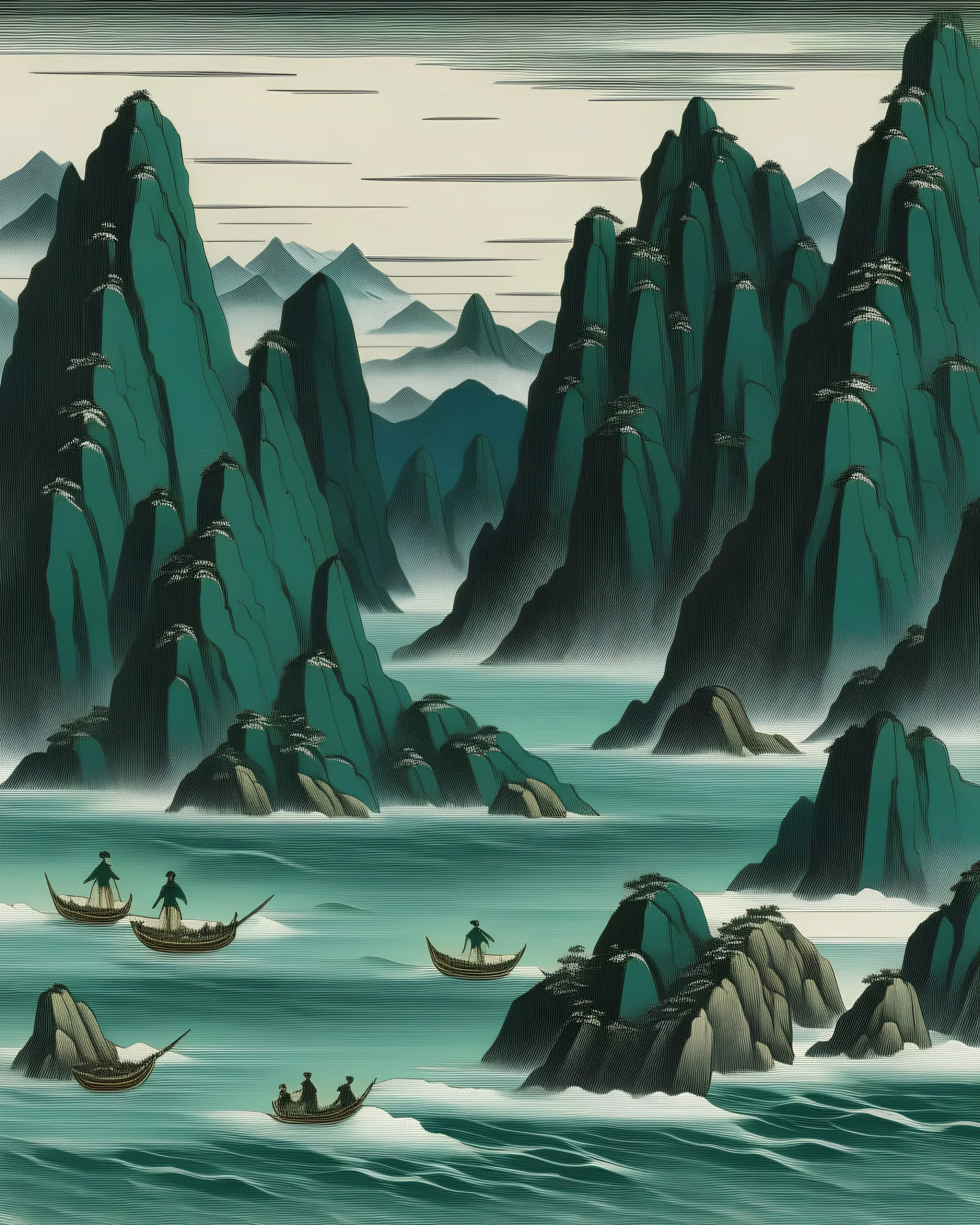 A greenish blue cold ocean with small glaciers painted by Utagawa Hiroshige