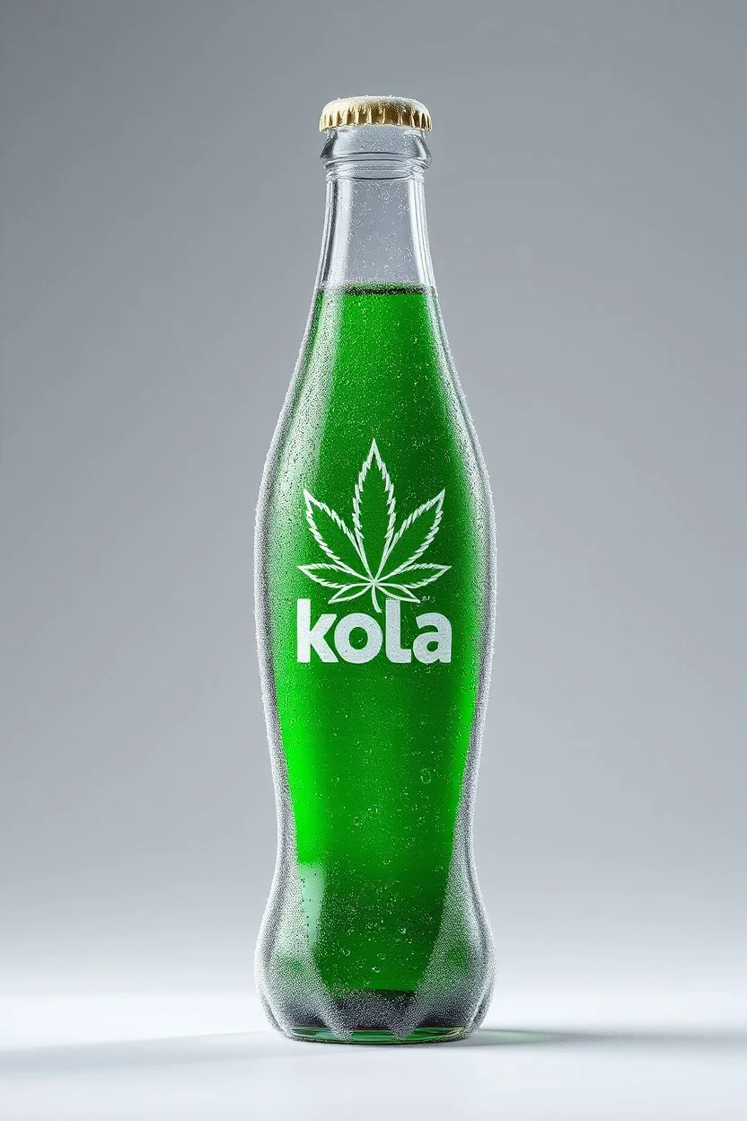Captivating and hyper-realistic image of a futuristic cola bottle called "Kannabis Kola". The bottle has a sleek design with a prominent modern logo of a green cannabis leaf. Frost covers the bottle, creating a frosty effect with water droplets forming on its surface, emphasizing the freshness of the drink. The liquid inside appears green, adding a vibrant touch to the overall design. The minimalist bottom allows the innovative and eye-catching bottle to take center stage
