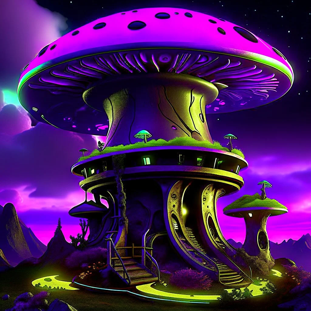 A fantabulous black, purple and green (((mushroom tower house))) erected atop a (geologic pillar), surrounded by the uncanny imaginative ((( swirling skies))), offset by the stark hues of a (neon-tinged nebulous space scape), within. captured by the hand a skilled master painter with a focus on (softly blurred compositions and voluminous lighting).