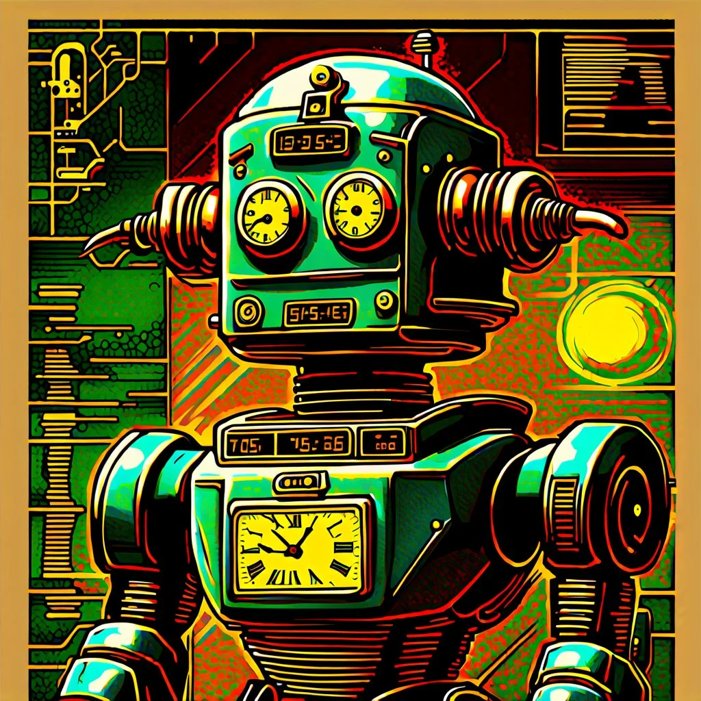 90's TCG art retro scifi art of a time travel clock robot