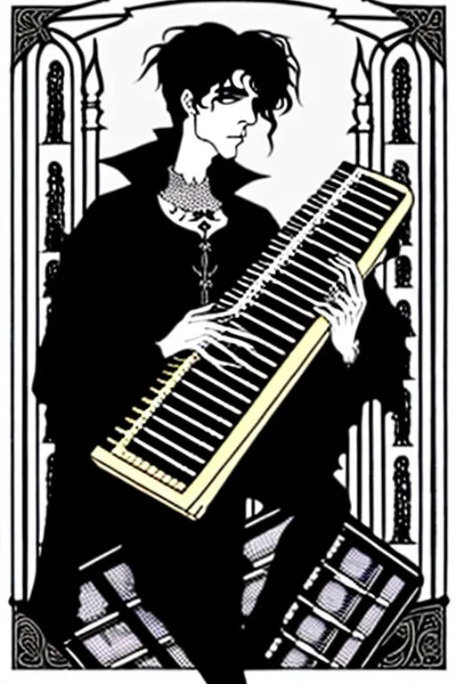 goth male necromancer with black hair playing a autoharp in the style of Aubrey Beardsley