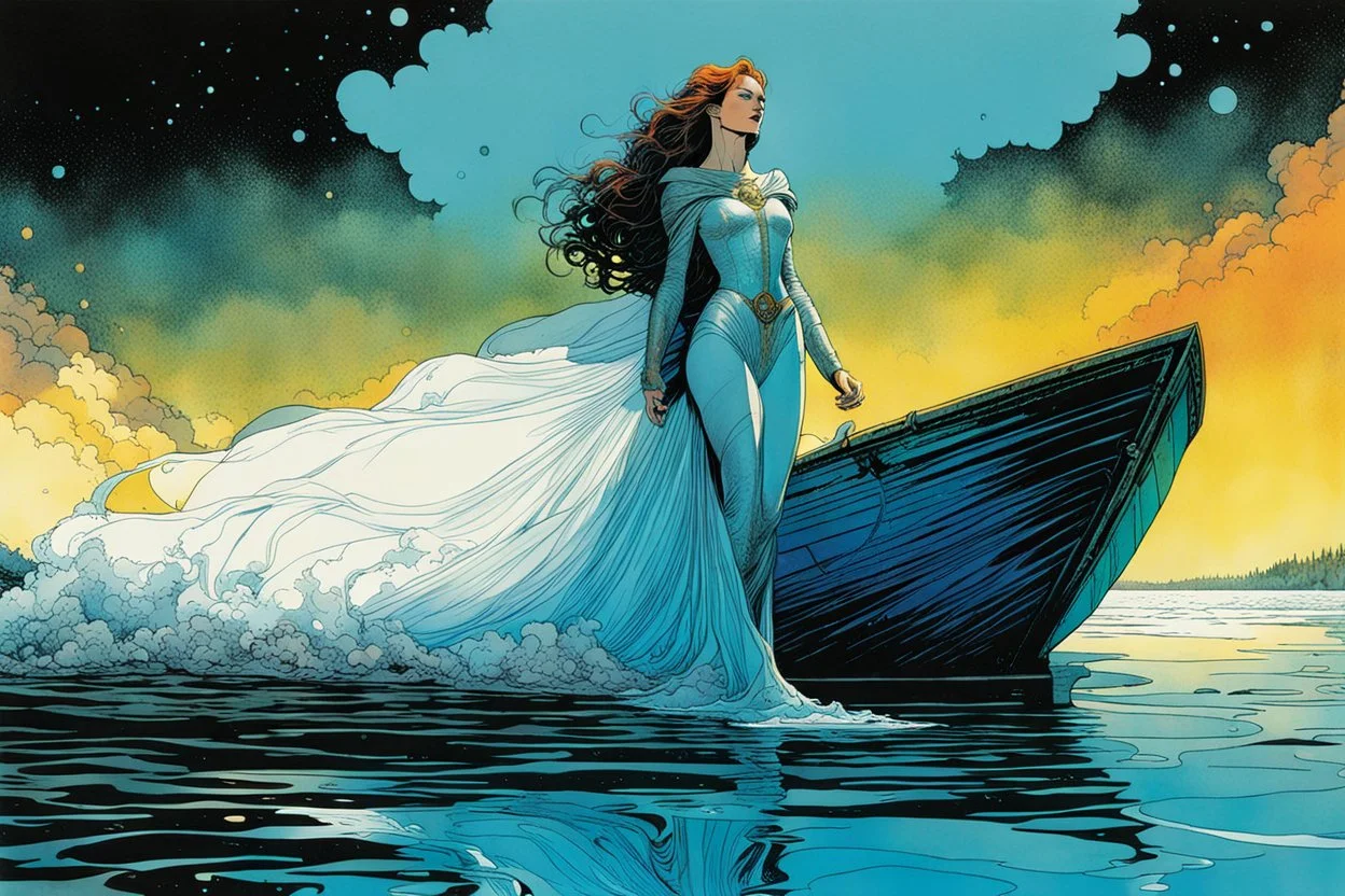 Create a fine art print , full body illustration of the legendary Arthurian, Lady of the Lake , with finely lined and detailed facial features, in the comic book style of Bill Sienkiewicz, Philippe Druillet, and Jean Giraud Moebius, precisely drawn, colored and inked