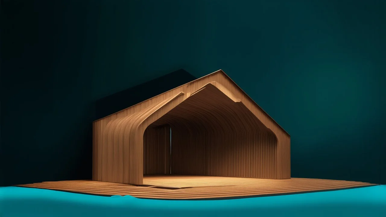 surreal and dreamlike, Photorealistic 3D illustration of a wooden structure displaying a minimalist, contemporary design and an organic, impactful form., dreamy atmosphere, liquid psychedelic