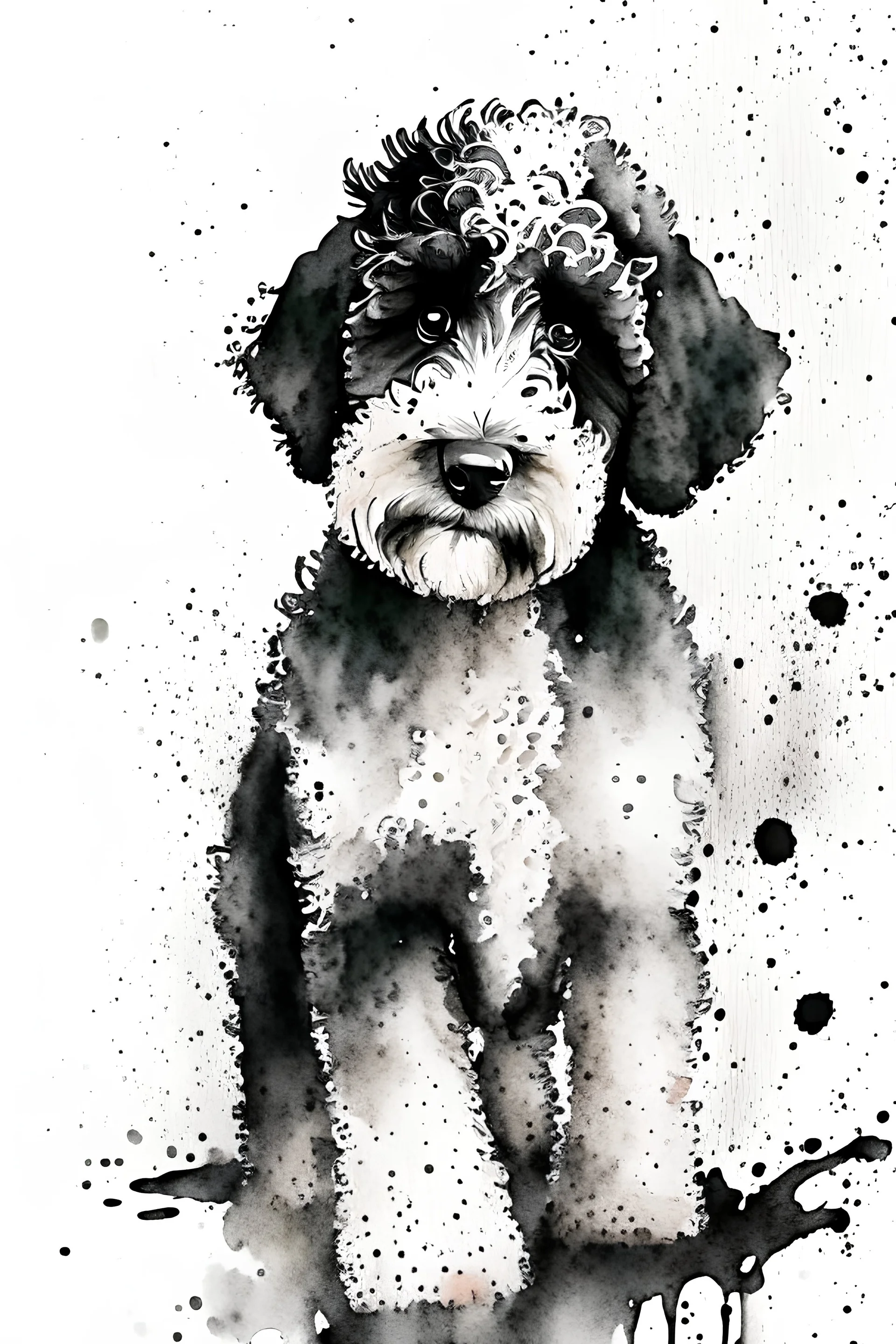 Abstract wet watercolour of a black and white bernadoodle, ink lines, splashy background detailed,focus on eyes, watercolour paper