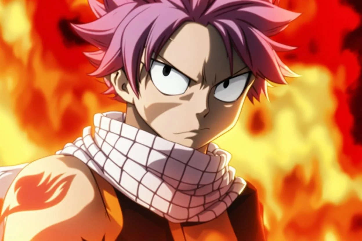 Natsu in 8k 2D anime fairy tail drawing style, fairy tail costum, close picture, fire, fantasy, neon, highly detailed, high details, detailed portrait, masterpiece,ultra detailed, ultra quality