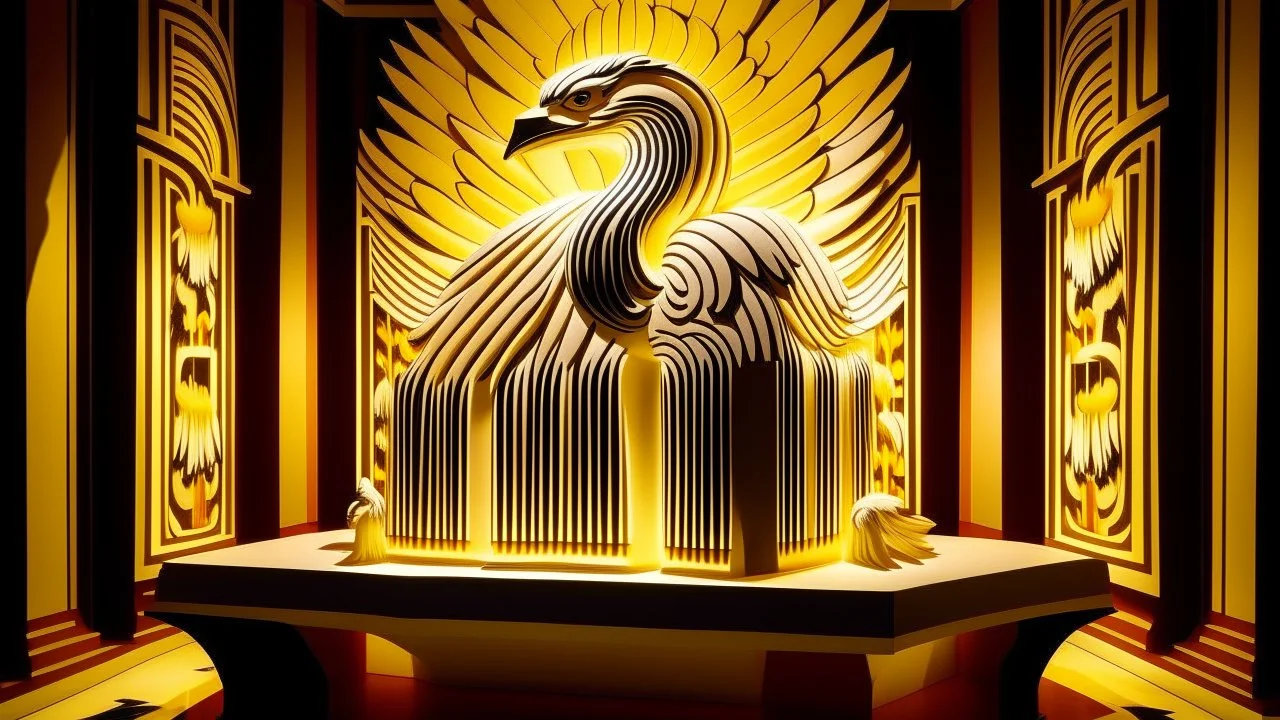 An ivory temple with a glowing phoenix painted by Roy Lichtenstein
