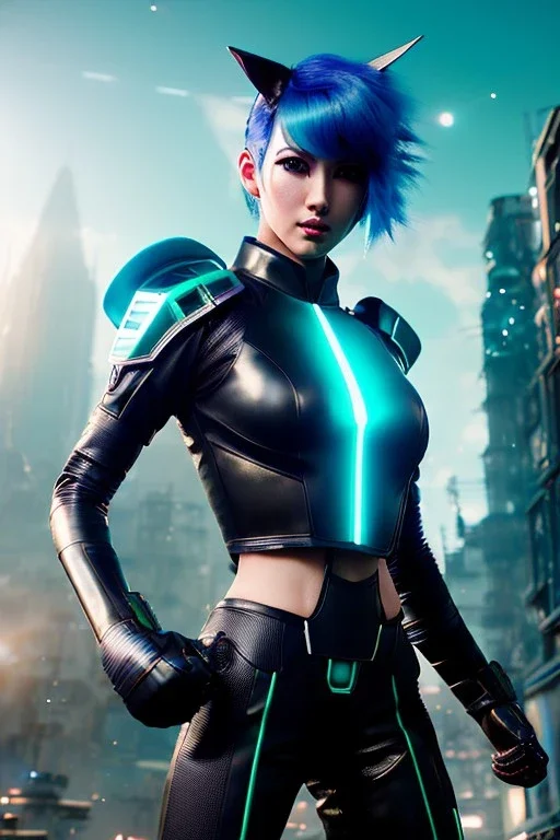 Futuristic amime warrior, waist up portrait, physically fit, latex and leather attire, green hair, blue eyes, one pair of ears, intricate eyeliner, vibrant eyeshadow, clear completion, soft lighting, 4k resolution, intricate details, insanely detailed, colorful cityscape background, masterpiece, expert, cinematic smooth, retroanime style, realistic details, no helmet