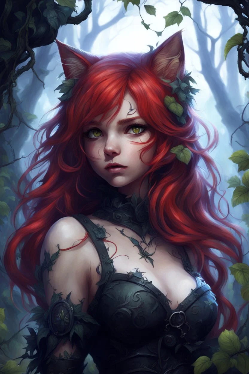 CAT GIRL, FANTASY, FORESTY, VINES, SOULLESS, FLUFFY TAIL, RED HAIR, METAL