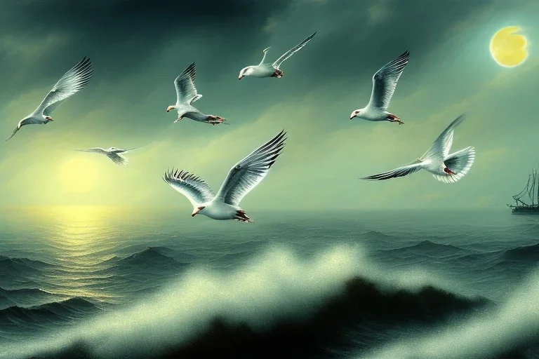 seagulls flying over the sea in the evening, oil painting deviant art wallpaper