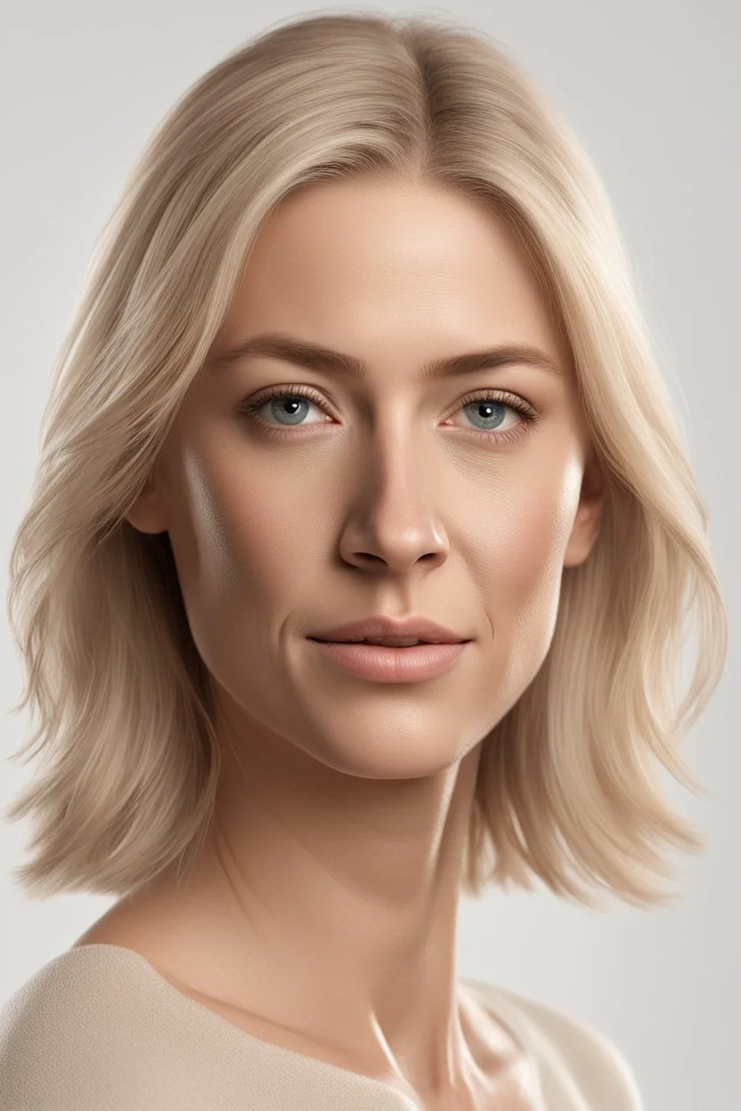 realistic, (39yr old female)without makeup, beautiful face, angled head position, studio lighting, cinematic light, beautiful woman, milk beige middle hair, on white background, 8k Resolution, highly detailed, non-symmetrical body a detailed hairstyles and skin texture