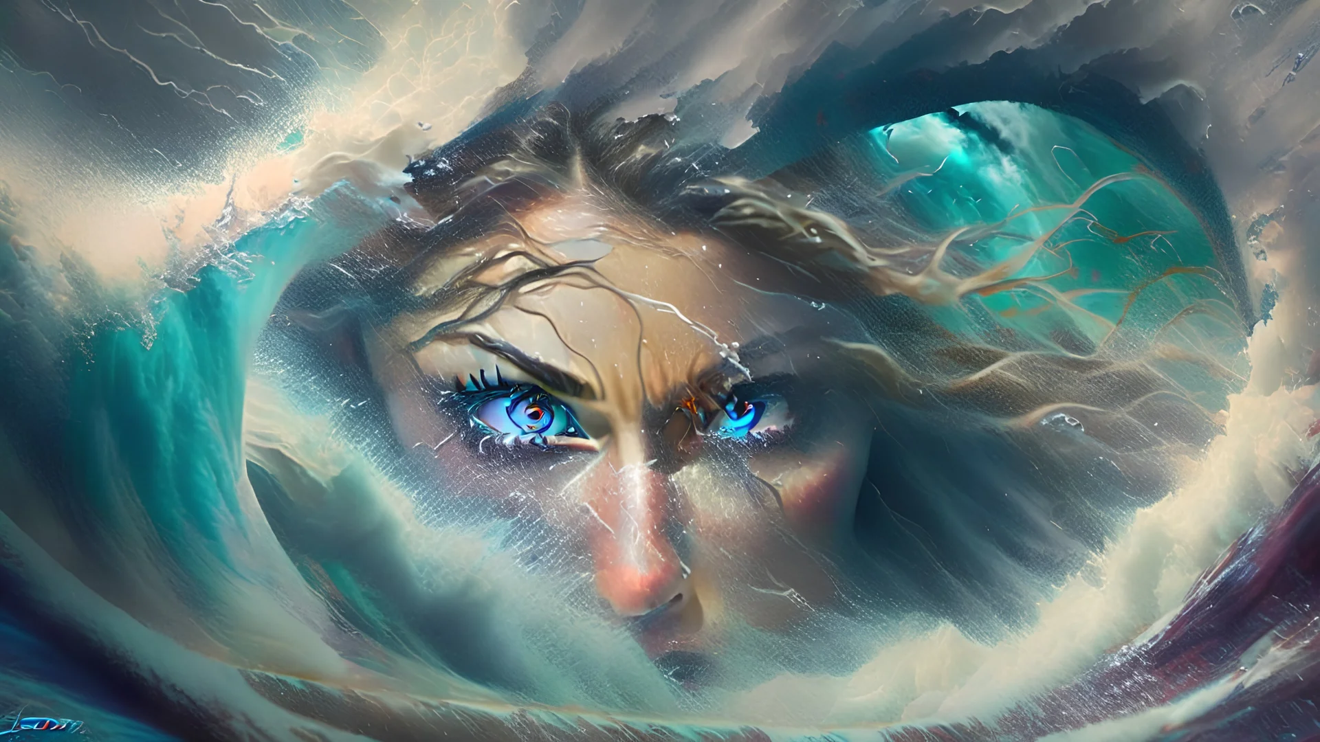 Gorgeous woman surfing in the eye of the storm