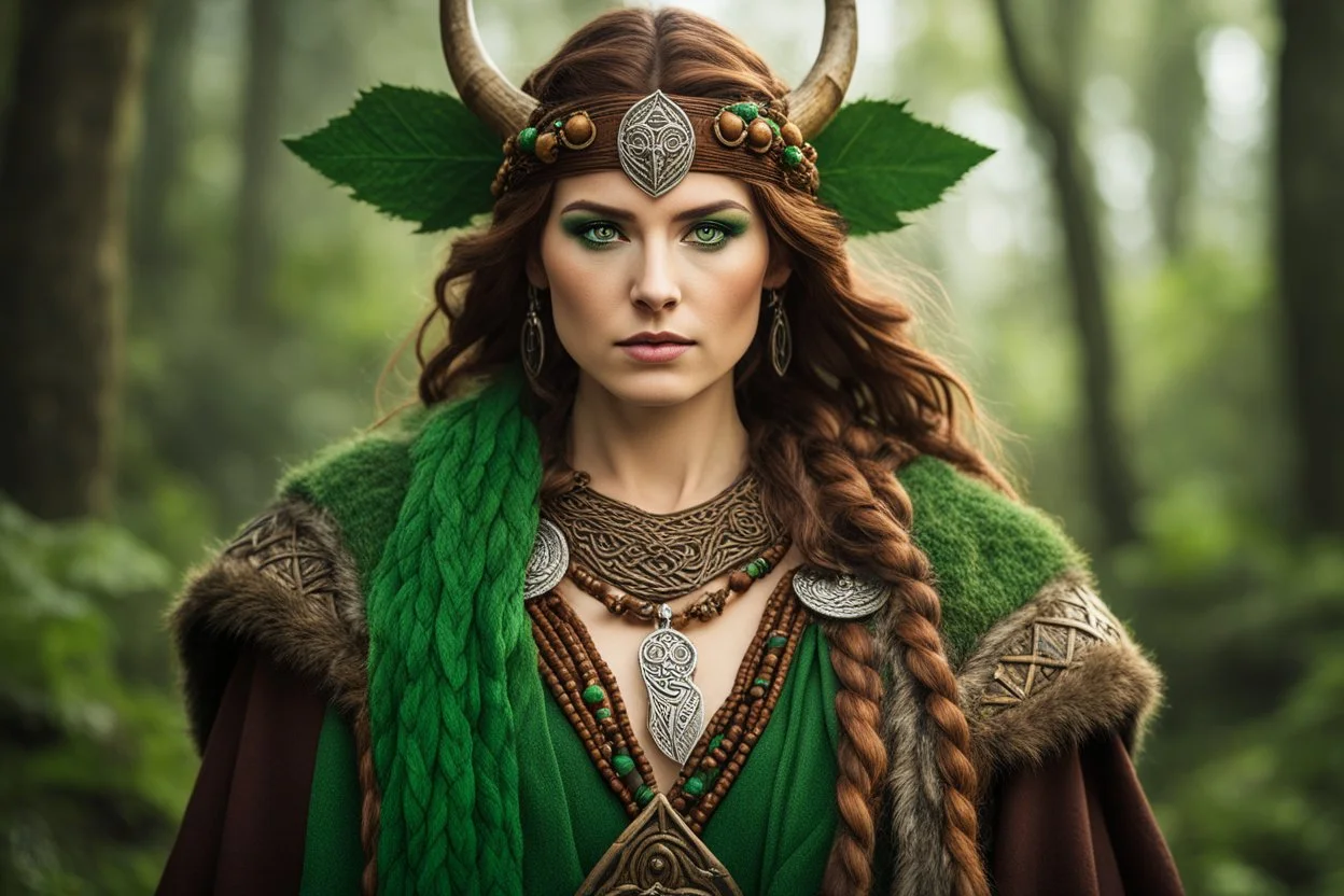 Subject & Action: A low-angle portrait capturing a fierce, youthful woman druid of Celtic lineage. She stands with a determined, vengeance-filled expression, looking directly into the lens. Her newly appointed druidic robes—made of textured, green and brown wool and adorned with rough wooden beads, embroidered leaf patterns, and small animal skull fetishes—are slightly wind-blown. She holds a gnarled wooden staff in her left hand and grips a stone-tipped dagger in her right, ready for battle. E