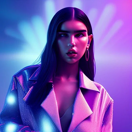 Mystery dua lipa, Ambiance dramatique, dramatic lighting, volumetric lighting, concert background, hyperrealisme, 8k, high quality, lot of details, fit within portrait