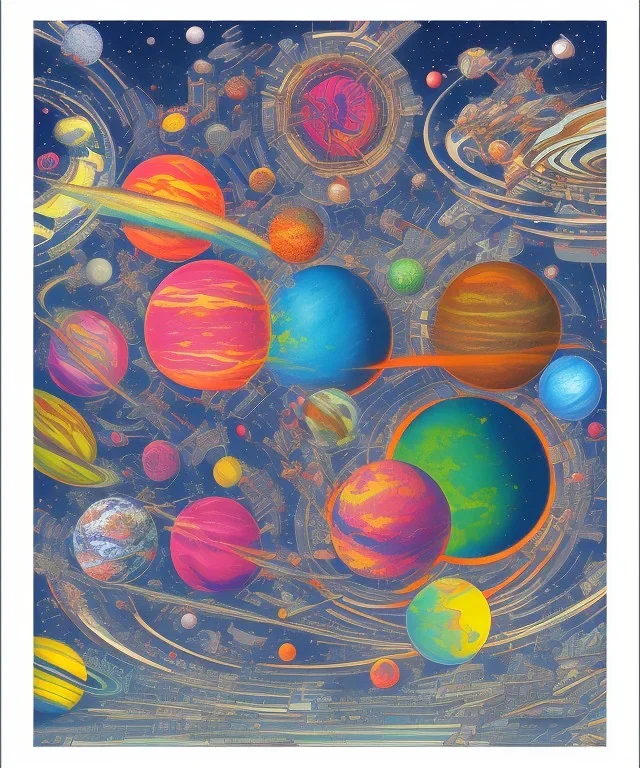 colorful planets. ink, poster, acrylic