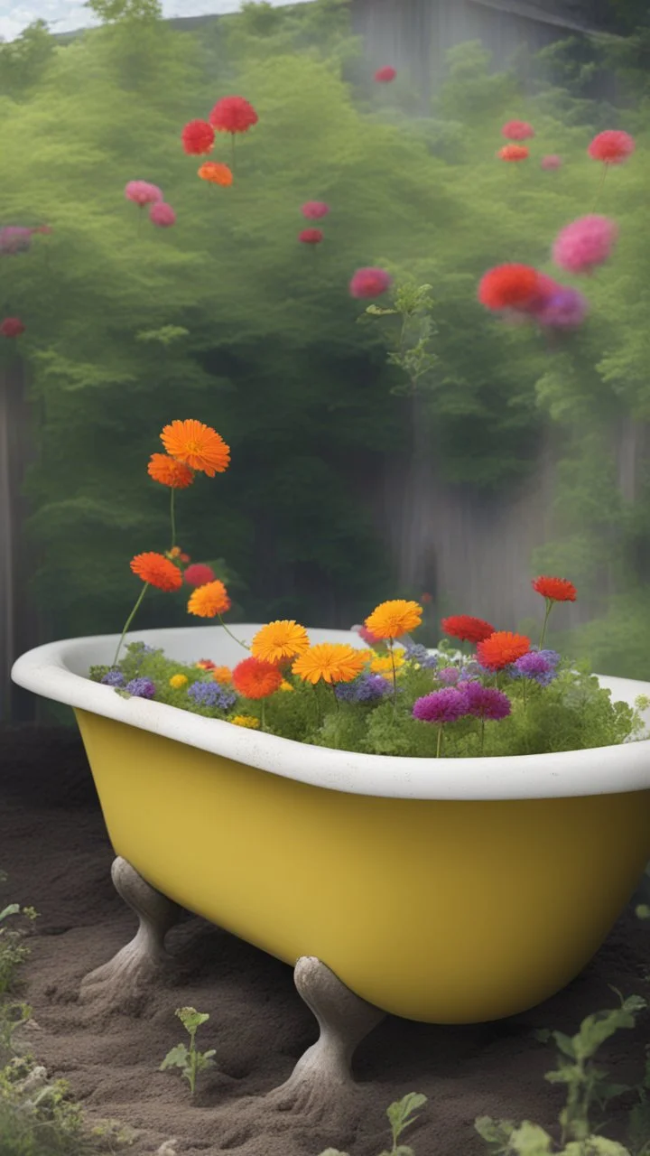A Bathtub Al of it filled with dirt to the top, and in growing a colorful flowers , some of them are tingling down on the sides in an abandoned backyard
