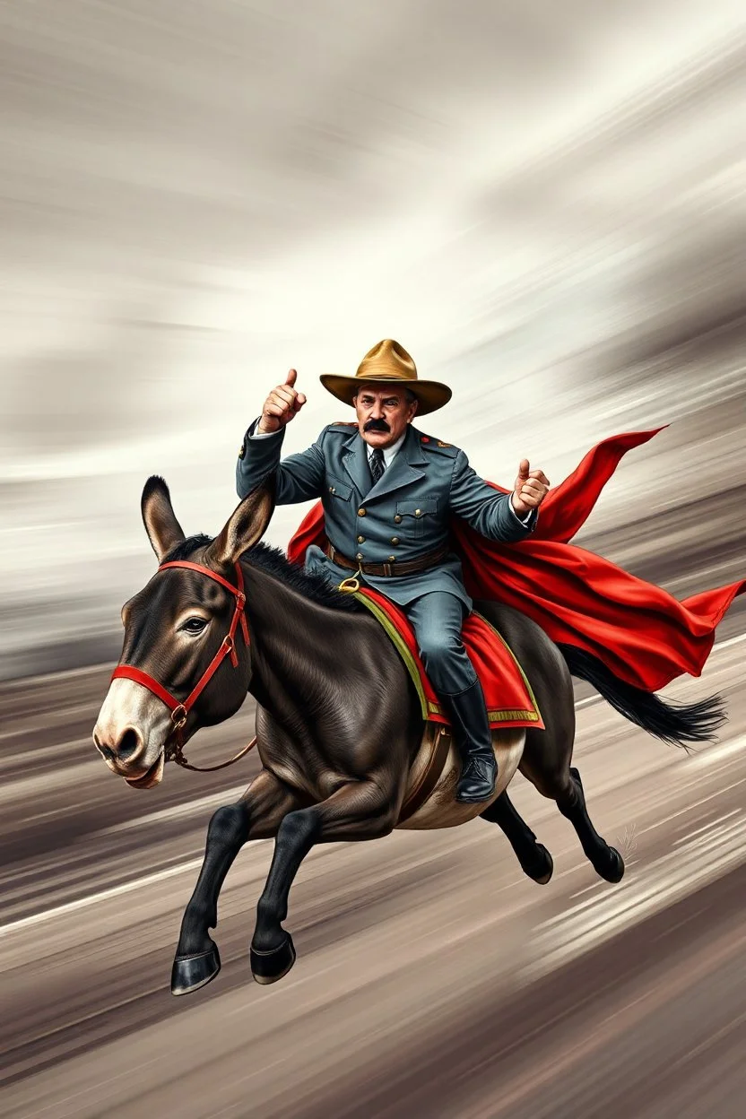 Mexican farmer Hitler on fast superhero donkey, airbrush and pen outline, motion blurred background