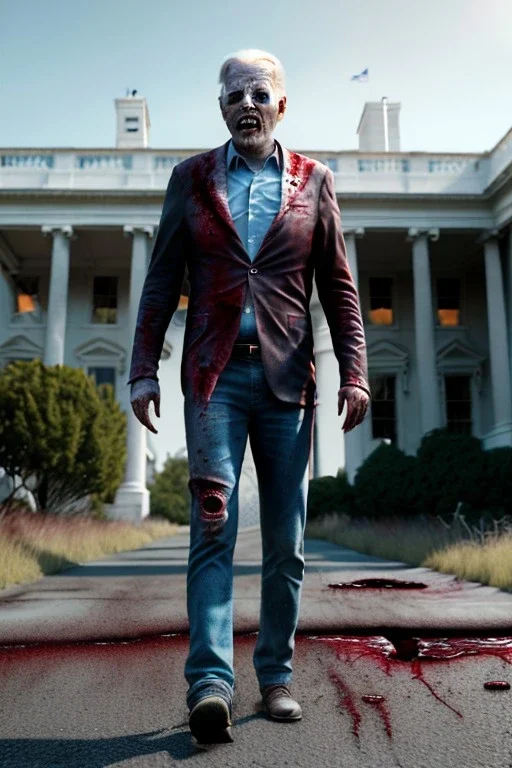 Ultra realistic image, joe biden zombie, zombie performance, blood, torn arm, night, walking twisted, waist up view, walking dead style, dark ambient, highly detailed, White House background, concept art, unreal engine 5, god rays, ray tracing, RTX, lumen lighting, ultra detail, volumetric lighting, 3d, finely drawn, high definition, high resolution.