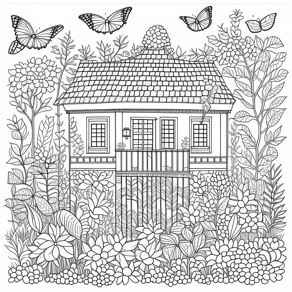 GARDEN HOUSE, ""Botanical Bliss: Embrace the joy of intricate botanical patterns.", full view, realistic, coloring page, only draw lines, coloring book, clean line art, wildlife-inspired, kid style, –no sketch, color, –ar 3:4, white background, minimalistic black lines, 8k, minimal black color, low level black colors, coloring page, use pure black and white colors, avoid thick black colors, thin black line art, avoid colors, perfect shape, perfect clear lines, clear edges,