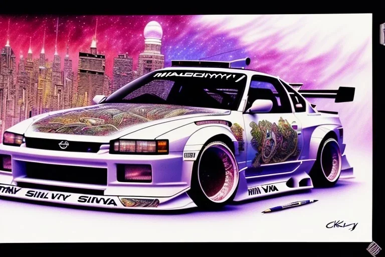 a true-to-life 1998 nissan silvia k's rocket bunny, centered, intricate, extreme detailed, photorealism, center view, city background, pivot on nissan, pen and color marker, painting by cheryl kelley