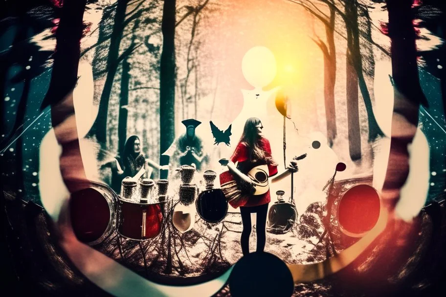 Double exposure, merged layers, Stage, stand-up microphone, drums, guitars, speakers, forest, Hansel and Gretel, Snow White walking with Robin Hood, midwife with an iron nose, Little Red Riding Hood with a basket on her arm, wolf horn on her head in sunshine, ethereal, cinematic postprocessing, bokeh, dof