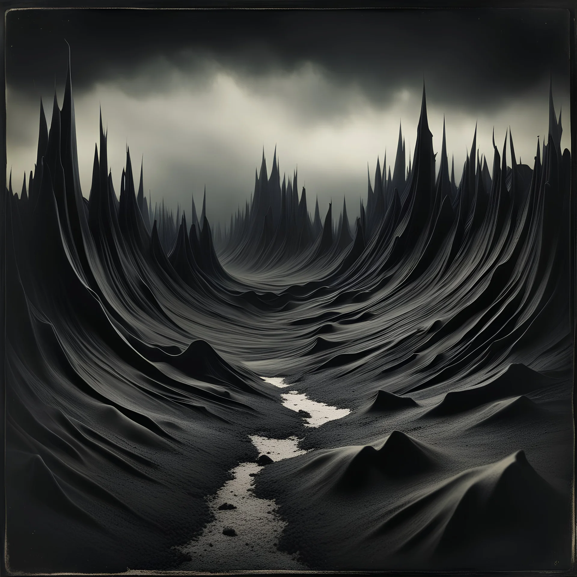 Dark creepy landscape, strong texture artistic polaroid volumetric light, Yves Tanguy, 8k 3d abstractism