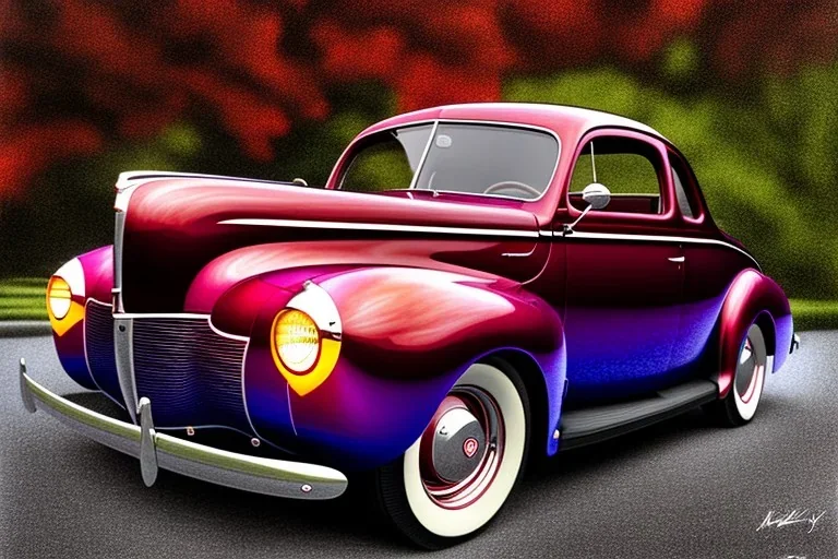 a true-to-life 1940 ford coupe, two-tone paintwork, classic hotrod wheels, pen and color marker, centered, intricate, extreme detailed, photorealism, center view, stylized random background, pivot on ford, painting by cheryl kelley