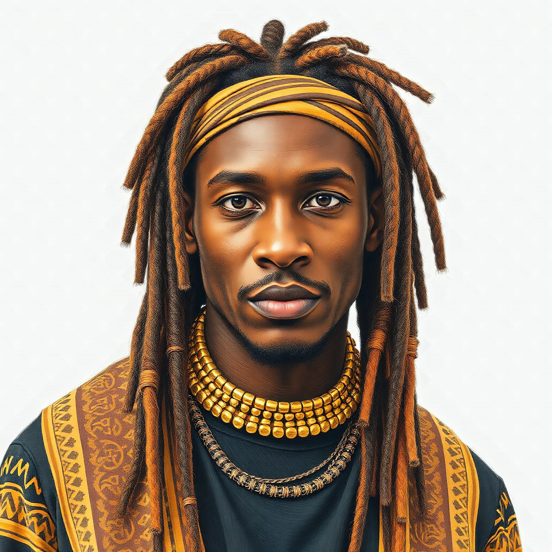 create a black and dark skinned man, a brown and gold dashiki, black pants, brownish gold dreadlocks pencil image