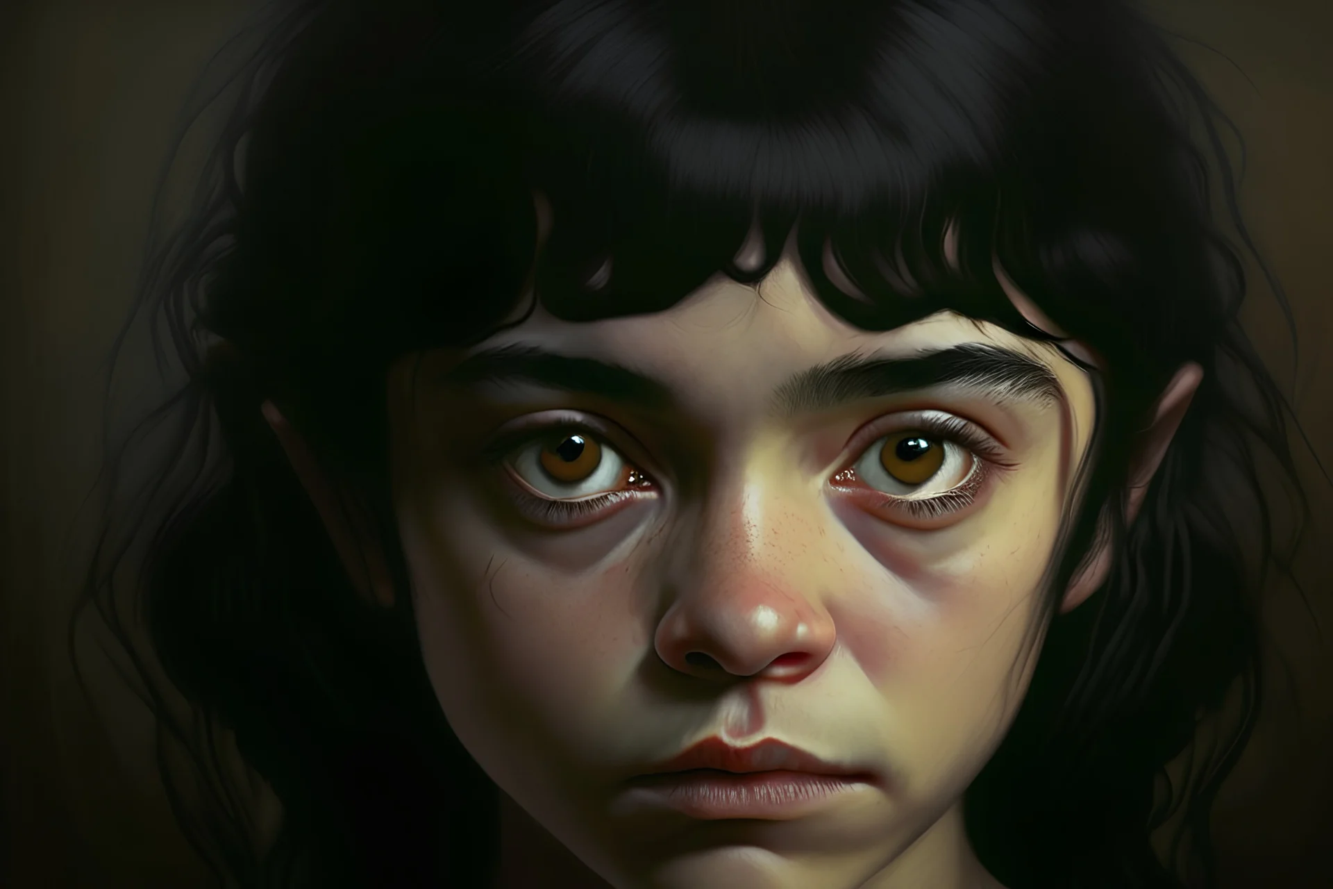 A portrait of a young female halfling, dark eyes, black hair, Caravaggio style